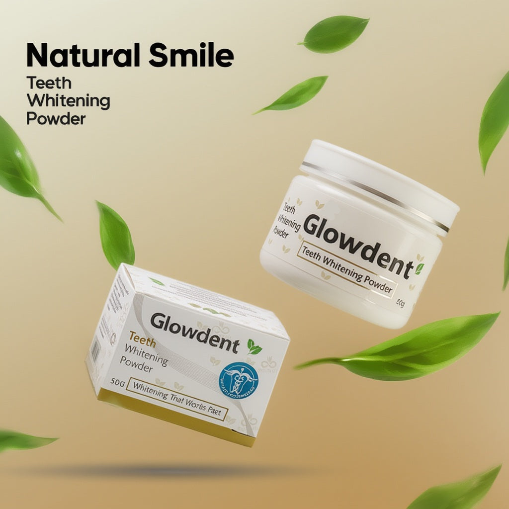 Glowdent teeth whitening powder by Bludul in white jar