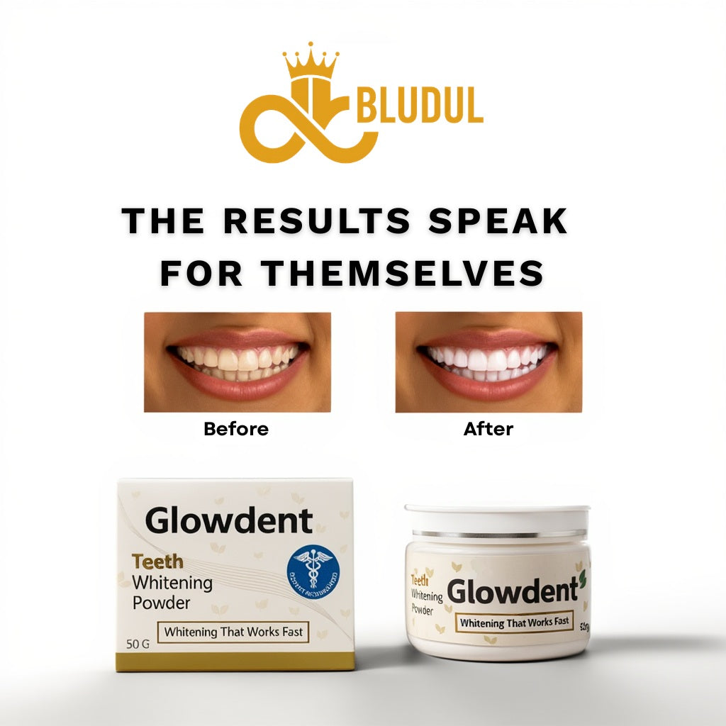 Before and after teeth results using Glowdent whitening powder by Bludul